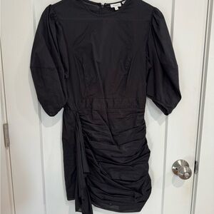 RHODE Black Puff-Sleeve Ruched Mini Dress
